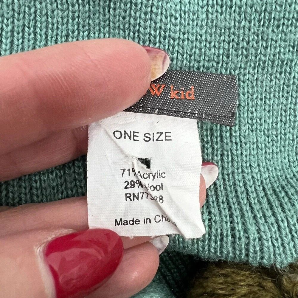J. Crew Kid One Size Scarf Green Teal Knit Wool Blend Pom Pom Winter Accessory